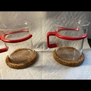 Pair of Bodum Bistro Cups, Glass with Red handles and cork coasters